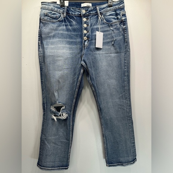 Vervet by Flying Monkey Haylie High Rise Acid Wash Distressed Ripped Knee Jeans - Picture 2 of 9